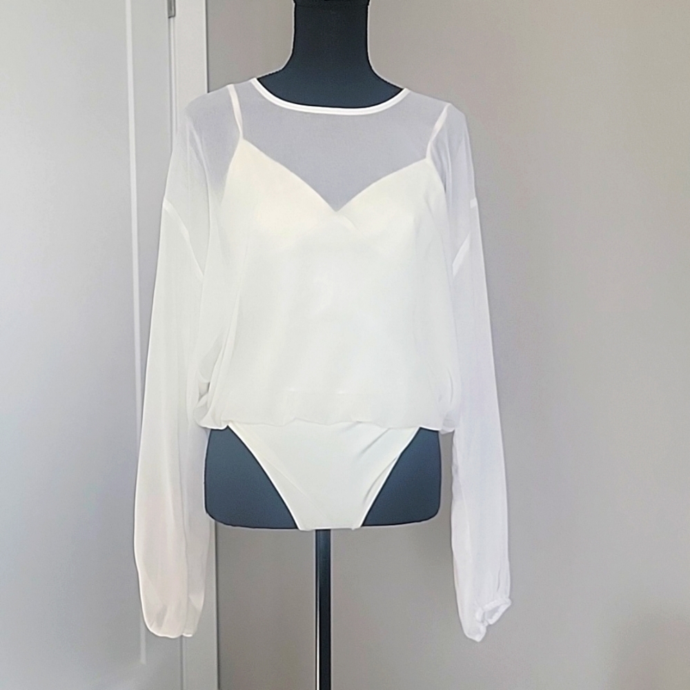 Women's ivory sheer bodysuit, open back, Medium